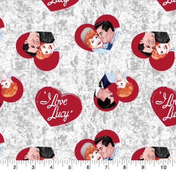 I Love Lucy Fabric, Novelty Cotton Fabric, Fat Quarter, By the Yard, white fabric, Lucy & Ricky fabric, quilting fabric