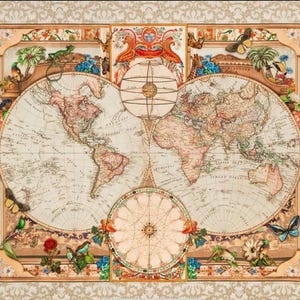 World Map Cotton Fabric Panel, quilting fabric, Robert Kaufman, 36&quot; X 44&quot; Map fabric, Globe Countries Travel Vintage-Look, Gift Idea
