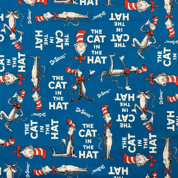 Cat In The Hat Cotton Fabric, Fat Quarter, By the Yard, quilting fabric, cat fabric, cat in the hat, blue fabric, Dr. Suess fabric