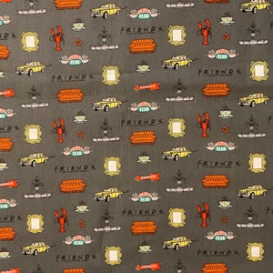Friends Gray Fabric, Friends Forever TV Series Cotton Fabric Fat Quarter, By the Yard, Central Perk, Frame, Lobster, Water Fountain, Taxi