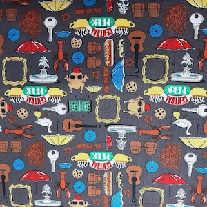 Friends Fabric, Friends Forever TV Series Cotton Fabric Fat Quarter, By the Yard, Central Perk, Guitar, Turkey Glasses, Water Fountain