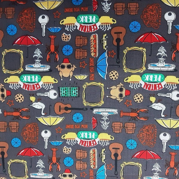 Friends Fabric, Friends Forever TV Series Cotton Fabric Fat Quarter, By the Yard, Central Perk, Guitar, Turkey Glasses, Water Fountain