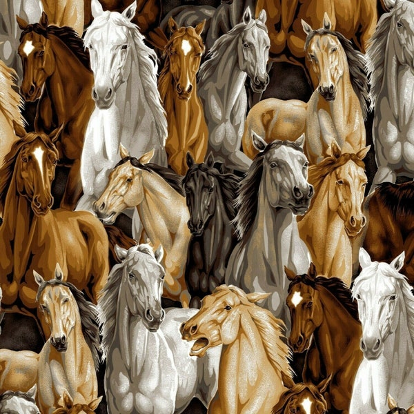 Horses Cotton Fabric, Fat Quarter or By the Yard, quilting fabric, white horse fabric, wild horses fabric