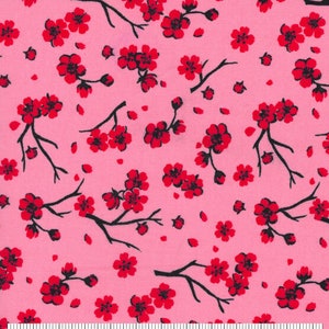 Floral Branches Pink Red Cotton Fabric, Fat Quarter, By The Yard, quilt fabric, pink fabric, branches fabric, cherry blossom fabric