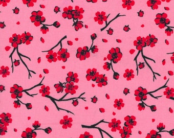 Floral Branches Pink Red Cotton Fabric, Fat Quarter, By The Yard, quilt fabric, pink fabric, branches fabric, cherry blossom fabric