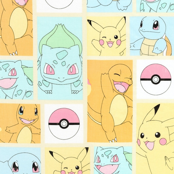 Pokémon Fabric, Pikachu Friends Cotton Fabric, Fat Quarter, By the Yard, Squirtle fabric, Charmander fabric, Poke ball fabric,