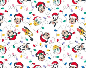Mickey Mouse Fabric, By the Yard, Fat Quarter, Mickey & Friends, Christmas Lights, Cotton Fabric, Disney Minnie Mouse, Goofy fabric