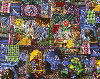 Disney Beauty & the Beast Cotton Fabric, By the Yard, Belle fabric, Stained Glass fabric, Disney fabric, Beast Fabric,