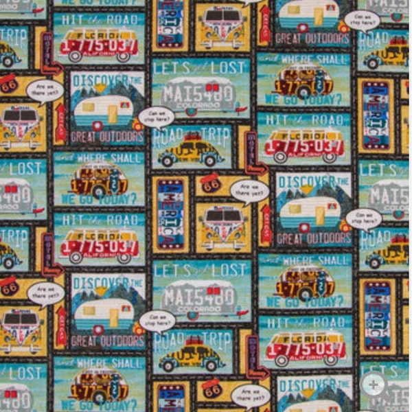 Camper Fabric, Travel Cotton Fabric, Fat Quarter, By the yard, Hit the Road Fabric, Traveling Fabric, Quilting Fabric, Roads & Routes