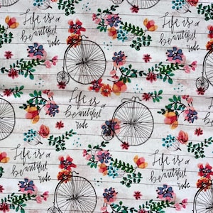 Bike Fabric, Fat Quarter, By the Yard, White fabric, quilting fabric, Beautiful Ride Fabric, antique bicycle Fabric, inspirational fabric