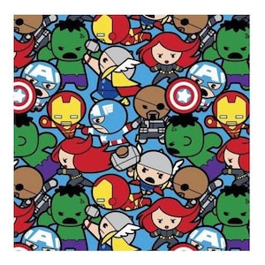Marvel Avengers Kawaii, All In The Pack Cotton Fabric Fat Quarter, By the Yard, Marvel fabric, quilting fabric, kawaii fabric, Hulk Iron Man