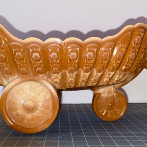 Chocolate Slag bowl, three wheel cart, candy dish,  vintage bowl, gift idea, Marbled Caramel, Greentown Slag, Glass Wheel Barrow, Cart