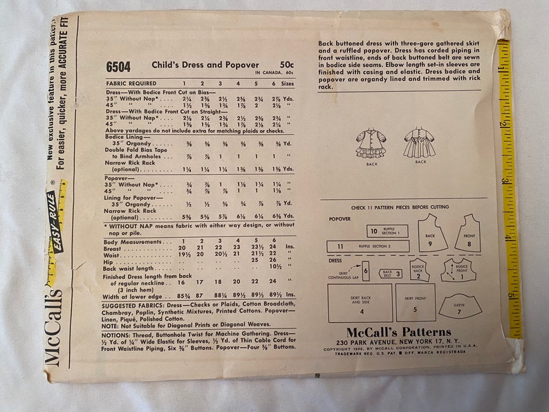 McCall/'s 6504 Sewing Pattern Helen Lee Dress pattern Pinafore Pattern, Girls/' Size 5 vintage pattern Dress pattern Popover Uncut