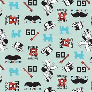 Monopoly Fabric, Cotton Fabric, Fat Quarter, By the Yard, quilting fabric, Mustache Fabric, Monopoly Icons, Board game Logo fabric
