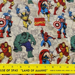 Avengers Cotton Fabric Fat Quarter or By The Yard, Marvel fabric, quilt fabric, action hero fabric, Hulk, Iron Man, Thor fabric