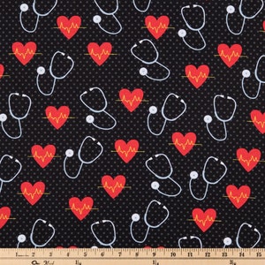 EKG Fabric, Heart fabric, Heart Beat Cotton Fabric, Fat Quarter, By the Yard, quilt fabric, nurse fabric, black fabric, Stethoscope