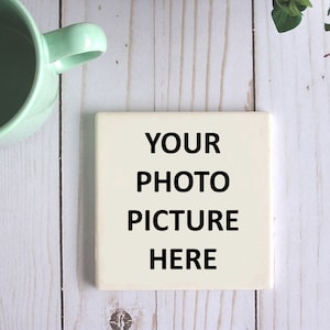 May include: White ceramic coaster with the text "YOUR PHOTO PICTURE HERE" printed in black.