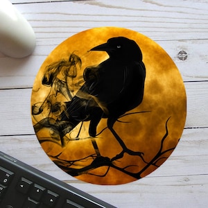 Raven Mouse Pads,Raven Horror Gifts,Black Crow Goth Mouse Pad With Yellow Moon Background,Dark Bird Horror Mouse Pad,Unique Witchy Gifts