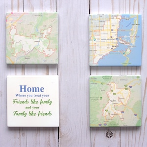 Posavasos personalizados con mapa para tu mejor amigo, juego de posavasos de arenisca personalizados, regalo de inauguración de la casa, posavasos cuadrados de piedra urbana para viajes.