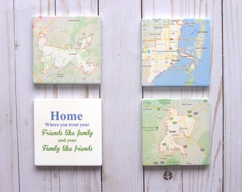 Kundenspezifische Karte Untersetzer für den besten Freund, personalisierter Sandstein-Untersetzer-Set, Einweihungsgeschenk für neues Zuhause, quadratische Reise-Stadtsteinuntersetzer