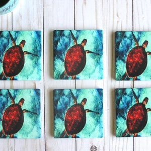 Sea Turtle Art Decor Ocean Stone Coaster Set,Turtle Shell Sea Creatures Housewarming Beer Wine Gifts For Turtle Lovers,Water Tortoise Shell