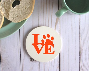Love Paw Print Circle Coaster, gepersonaliseerde animal coasters housewarming gift, aangepaste pootafdruk zandstenen onderzetter, uniek huisdier cadeau voor kattenliefhebber