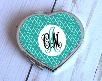 Small Monogram Compact Makeup Mirror Personalized With Name,Photo,Initials,Custom Heart Shaped Folding Pocket Mirror For Purse,Travel Mirror