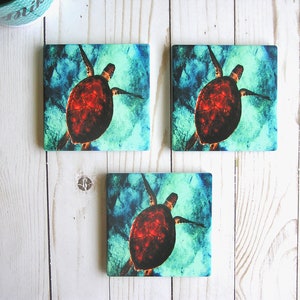 Square Ocean Coaster Sea Turtle Gifts,Sea Turtle Personalized Coaster Set For Turtle Lover,Customized Absorbent Turtle Shell Stone Coasters