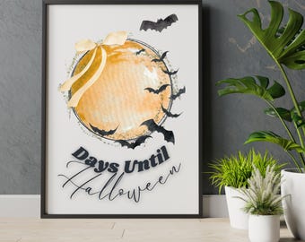 Halloween Countdown Printable | Days Until Halloween Sign | Bat & Ribbon Wall Art | Spooky Fall Decor | Digital Download