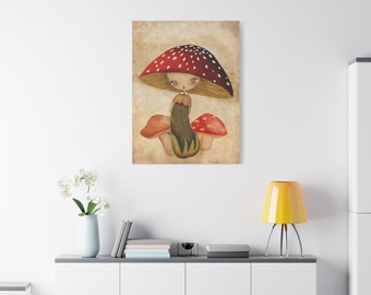 Mushroom Girl, Mushroom Art, Nature Mushroom Spirit, Young mushroom girl, Whimsical Art, Matte Canvas, Stretched, 1.25"