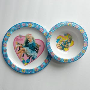 Barbie Children&#39;s Heart Flower Plastic Bowl and Plate 1997