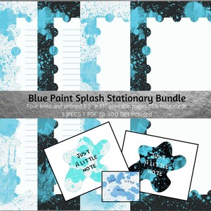 Briefpapierbundel blauwe verfspatten | Afdrukbaar briefpapier | Briefschrijfset | Notitiekaarten | Journaalpapier