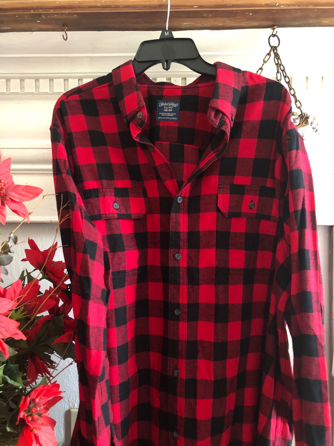 XL Holiday Flannel Shirt Mens COTTON Red Check Christmas Flannel NEW Etsy
