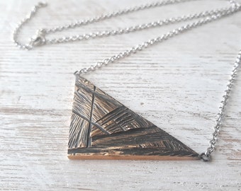Triangle necklace with silver rolo chain and bronze triangle pendant, geometric necklace, long woman necklace, handcrafted necklace