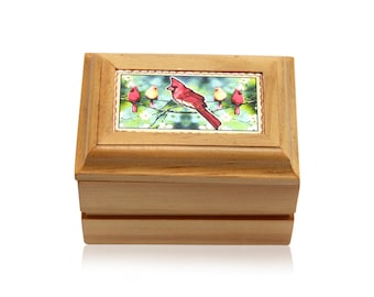 Cardinal bird handcrafted wooden trinket storage utility jewelry gift box for her mom or him