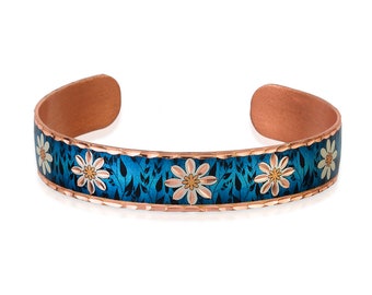 Daisy Flower Cuff Bracelet, Adjustable Dark Blue Copper Bracelet, Tiny Daisy Flowers Art Bracelet, Handmade Daisy Cuff Bracelet Gifts