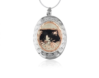 Cat locket necklace black quirky kitten cat  handmade rose gold gifts; handcrafted jewelry; black furry cat locket