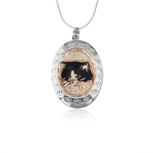 Cat locket necklace black quirky kitten cat  handmade rose gold gifts; handcrafted jewelry; black furry cat locket