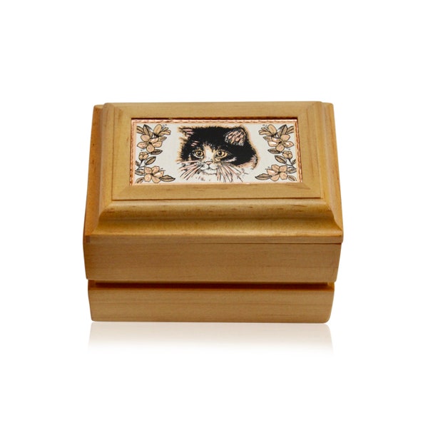 Black cat gift box furry decor pet art handcrafted wooden trinket storage utility jewelry gift box for her mom or him