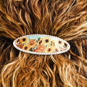 Van Gogh Sunflower design hair barrette; Van Gogh hair clip copper