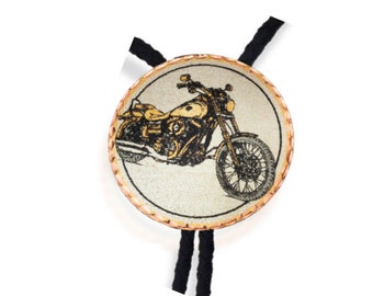 Motorcyle design bolo tie with leather cord