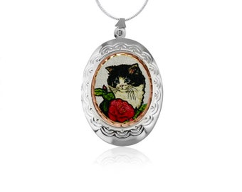 Collar con medallón de gato hecho a mano, regalos de oro rosa; Colgante hecho a mano con medallón de gato, gatito, flor roja, blanco y negro