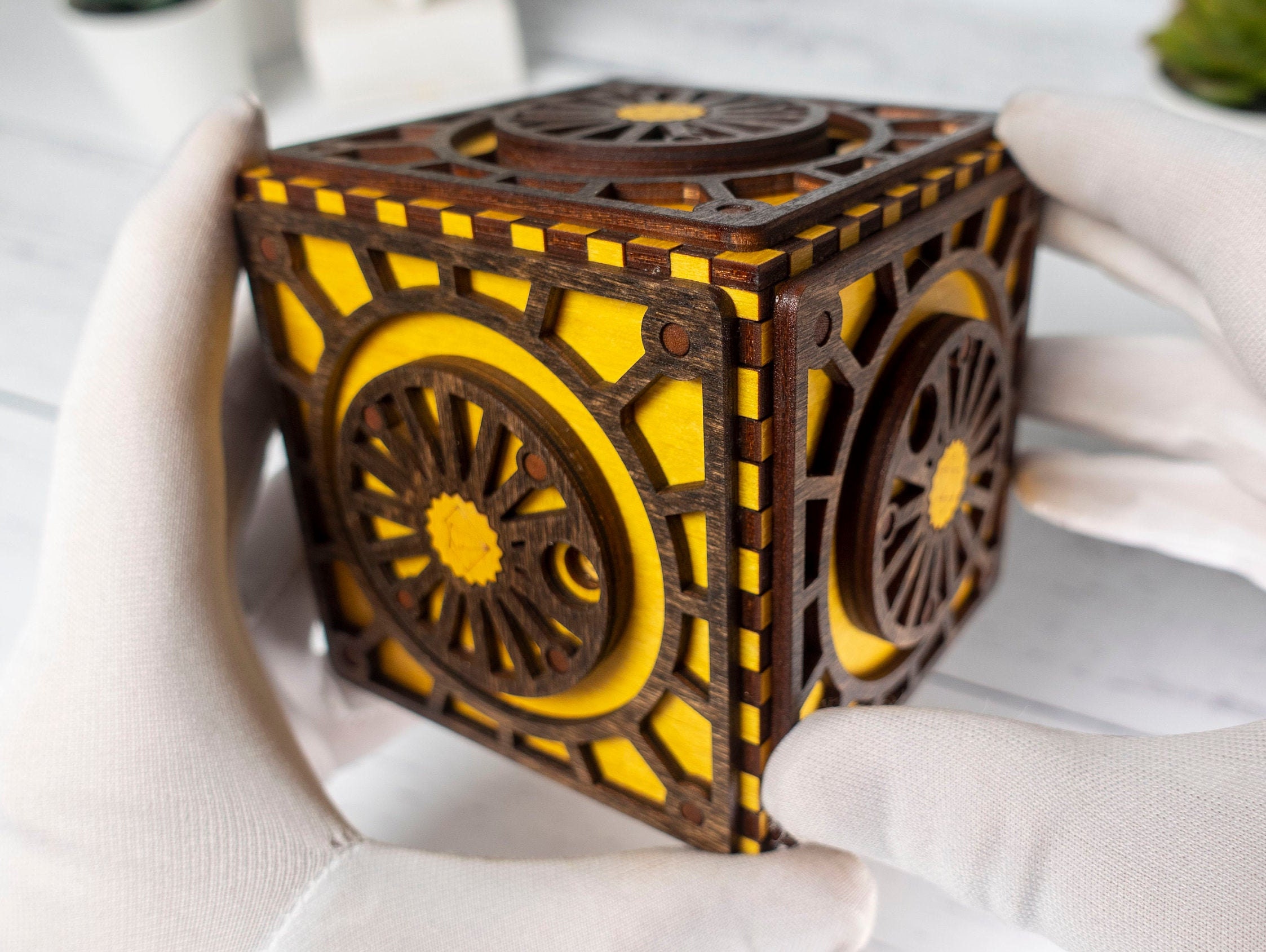 Yellow Puzzle Box Laser cut with dark walnut brown details | Etsy