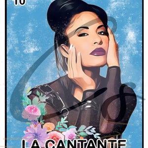 May include: A vintage-style illustration of a woman with dark hair and a purple lip, wearing a black shirt. The background is blue with a white distressed texture. The image includes the text "LA CANTANTE" and the number "10".