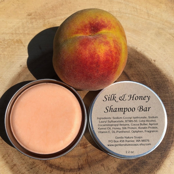 Peach Silk & Honey Shampoo Bar with Silk and Keratin Protein, Honey and Vitamin E, Cocoa Butter and Panthenol, Solid Shampoo