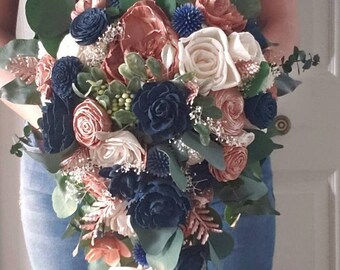 Navy And Rose Gold Wedding Bouquet navy blue and rose gold cascading wedding flower brides bouquet rose gold wedding flowers gold wedding flowers bridal wedding flowers on navy and rose gold wedding bouquet
