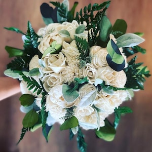 Ivory and greens wedding bouquet, sola wood flowers