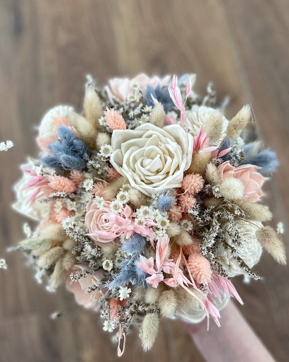 Wedding Bouquet - Peach/Blush/Blue - Dried Flowers Forever