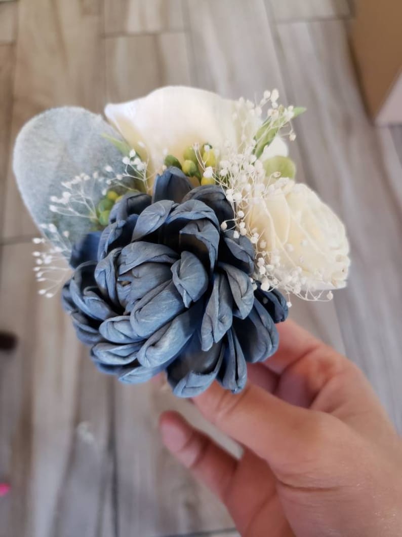Steel blue and white boutonniere groom boutonniere sola wood flowers
