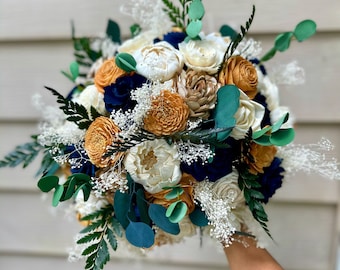 fall wedding bouquet in navy and gold, sola wood flowers